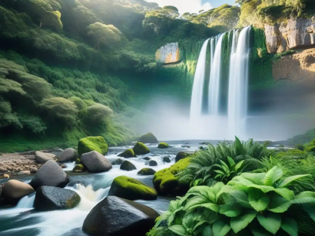 Un bosque exuberante en Uruguay con un arroyo serpenteante y una cascada majestuosa, ideal para el turismo sostenible en Uruguay