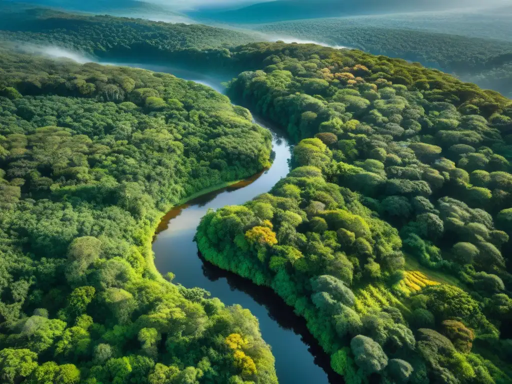 Un bosque exuberante en Uruguay con aves coloridas volando sobre un arroyo cristalino