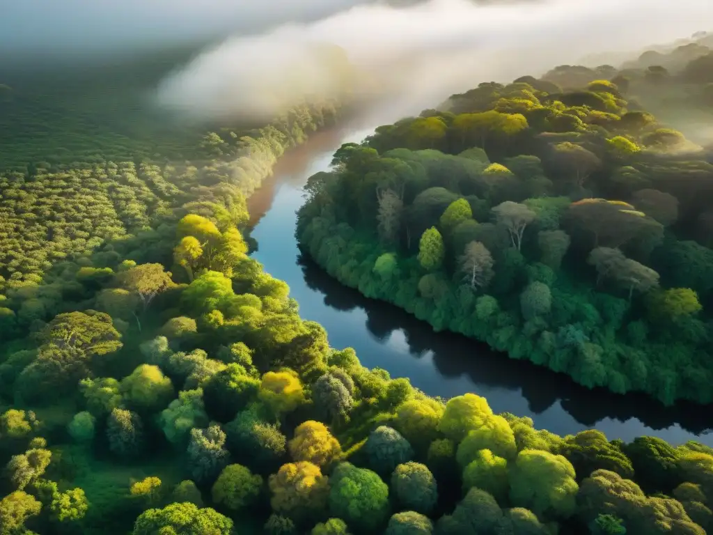 Un bosque exuberante y biodiverso en una reserva natural de Uruguay, con aves coloridas y monos juguetones