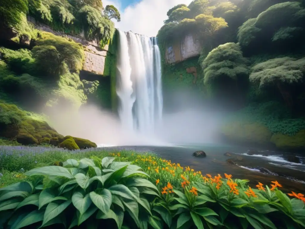 Un bosque exuberante en Uruguay con diversa flora y fauna, cascada escondida y arroyo cristalino, resaltando la biodiversidad de los ecosistemas vibrantes de Uruguay