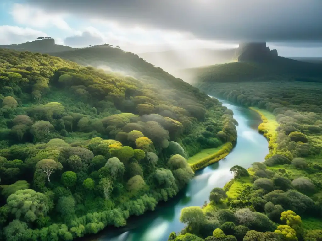 Un bosque exuberante en Uruguay con diversa flora y fauna, arroyo cristalino y aves coloridas