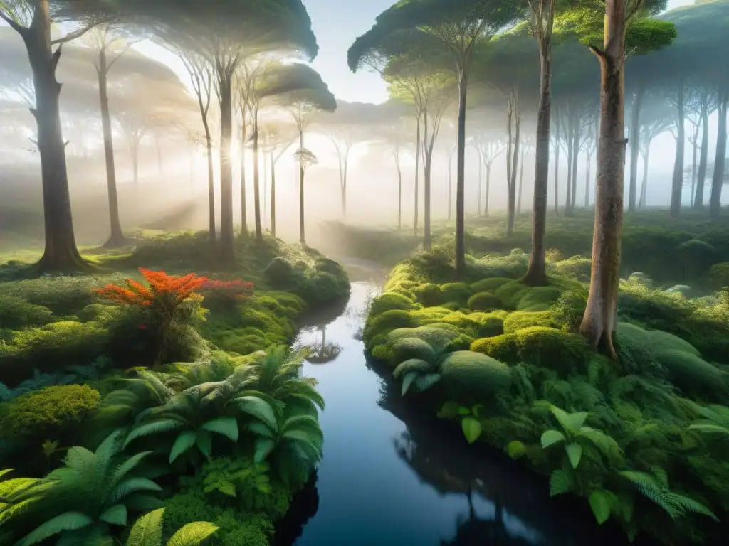 Un bosque exuberante en Uruguay, con diversidad de flora y fauna