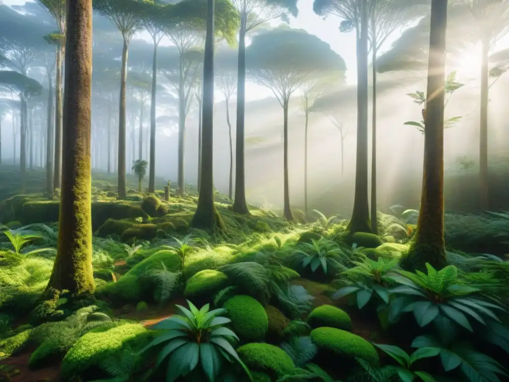 Un bosque exuberante en Uruguay con ecoturistas y guía local señalando plantas