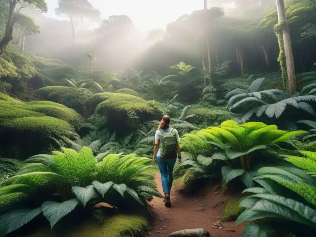 Un bosque exuberante en Uruguay con ecoturistas y guía