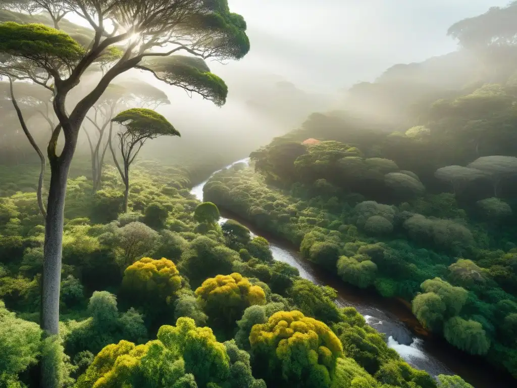 Un bosque exuberante en Uruguay, con flora y fauna nativa, un río sereno y ecoturistas guiados