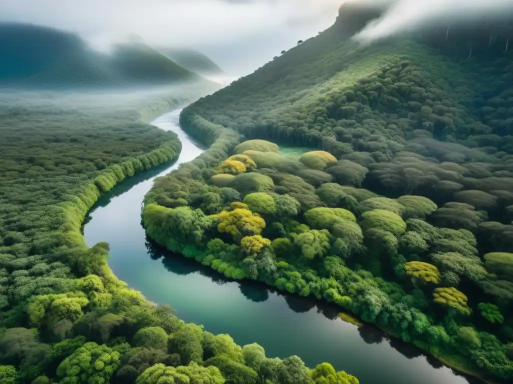 Un bosque exuberante en Uruguay con flora y fauna nativa, un arroyo cristalino y ecoturistas admirando la belleza natural