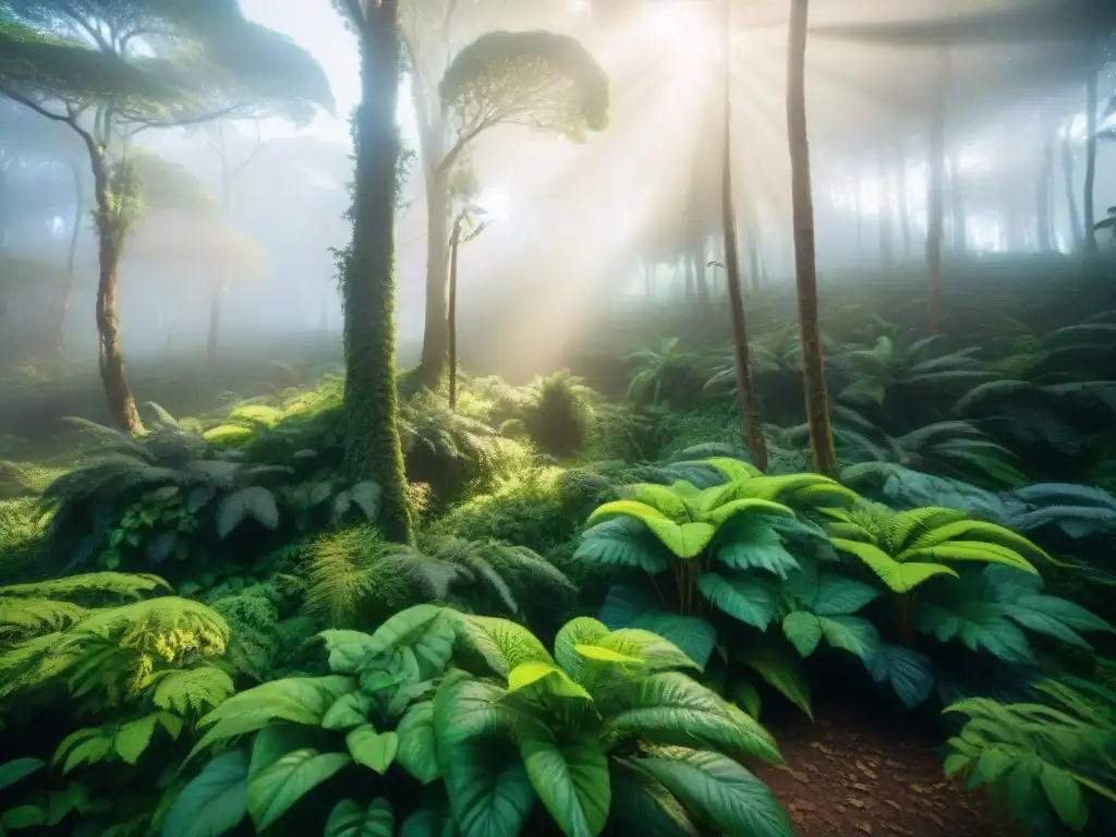 Un bosque exuberante en Uruguay con flora vibrante y fauna nativa, transmitiendo armonía con la naturaleza