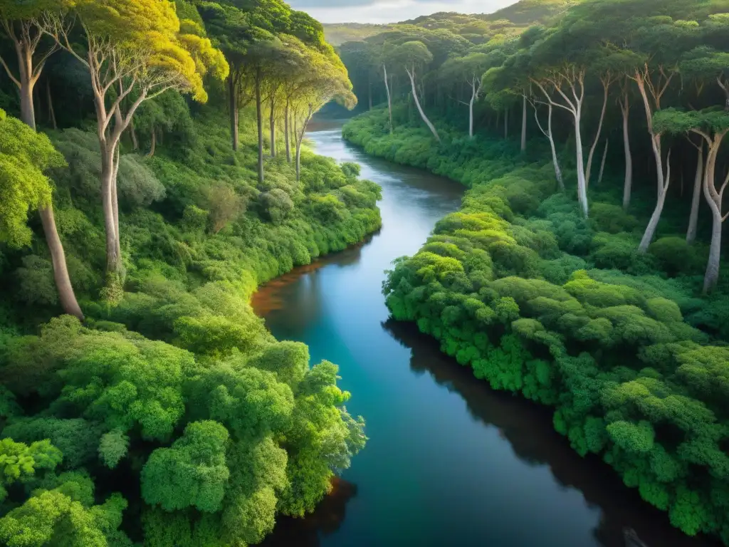 Un bosque exuberante en Uruguay con luz filtrándose entre los árboles y un arroyo cristalino