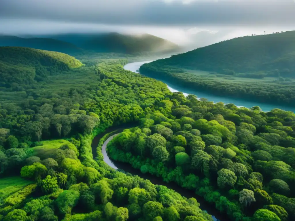 Un bosque exuberante en Uruguay con río, luz filtrada y eco lodge