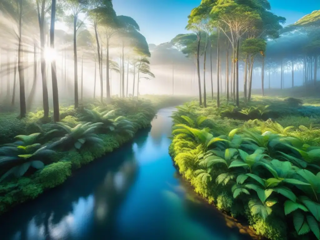 Un bosque exuberante en Young, Uruguay, con luz solar entre el dosel, resaltando la flora vibrante y el follaje