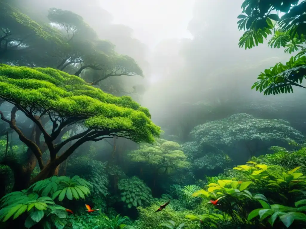 Un bosque exuberante en el Parque Nacional Santa Teresa, con aves y monos entre la vegetación, creando una atmósfera mágica y vibrante en Uruguay