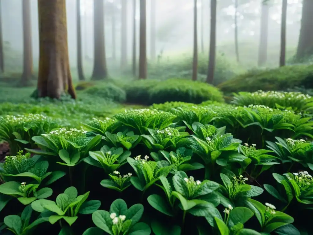 Un bosque exuberante en Uruguay con plantas comestibles silvestres como lechuga, berro y espárragos, creando una atmósfera serena y acogedora