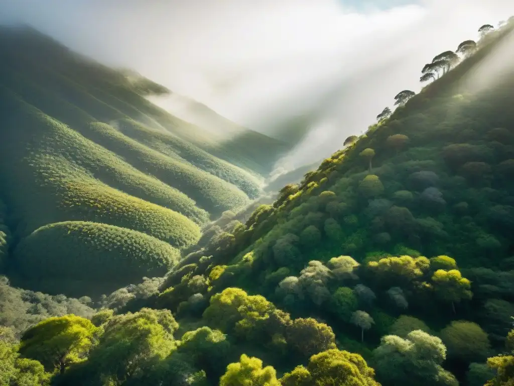 Un bosque exuberante en la Sierra de Minas de Uruguay, con biodiversidad en sierras de Uruguay