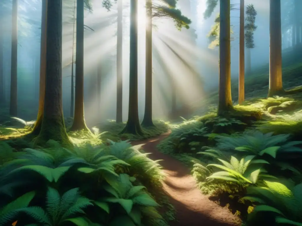 Un bosque exuberante en Sierra de los Ríos, con sendero serpenteante bajo árboles altos