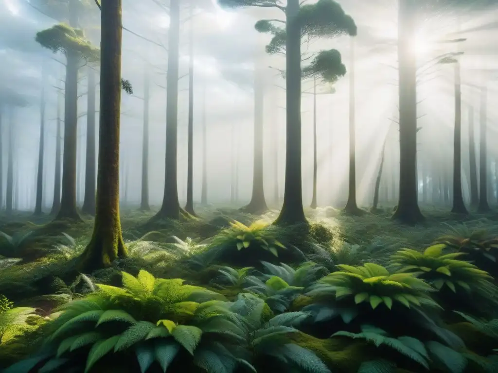 Un bosque exuberante y vibrante en Uruguay, con luz filtrándose entre los árboles nativos