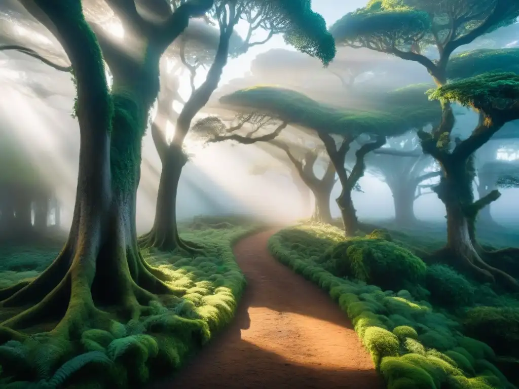 Sendero oculto en bosque misterioso de Uruguay Un bosque misterioso en Uruguay, con árboles antiguos y un camino oculto