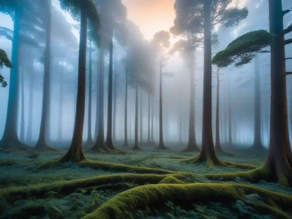 Un bosque misterioso del norte de Uruguay al atardecer, con Horacio Quiroga explorando entre árboles antiguos y luciérnagas