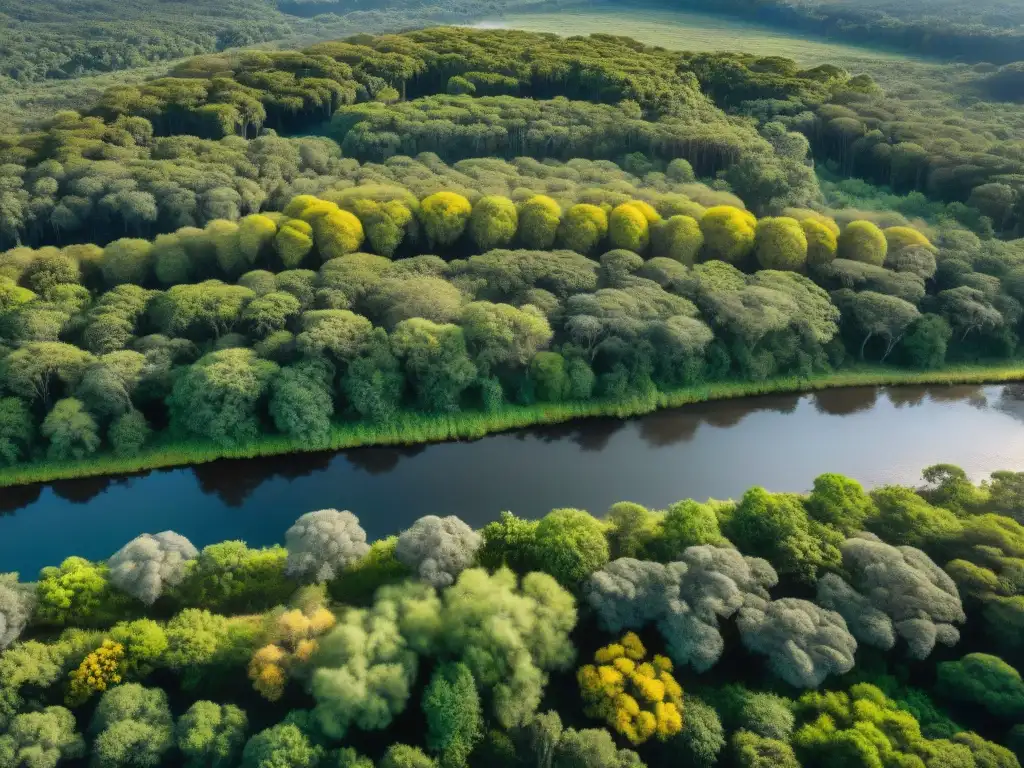 Un bosque nativo denso en Uruguay con árboles nativos como Ombúes y Lapachos