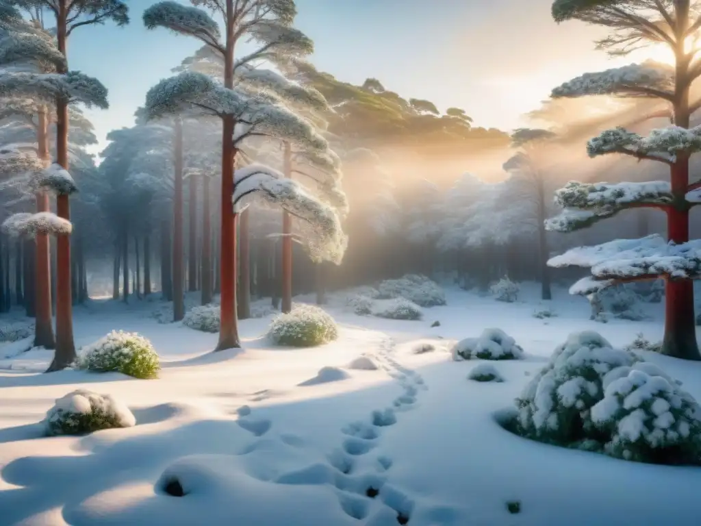 Un bosque nevado en Uruguay, con flora invernal y huellas de fauna adaptada