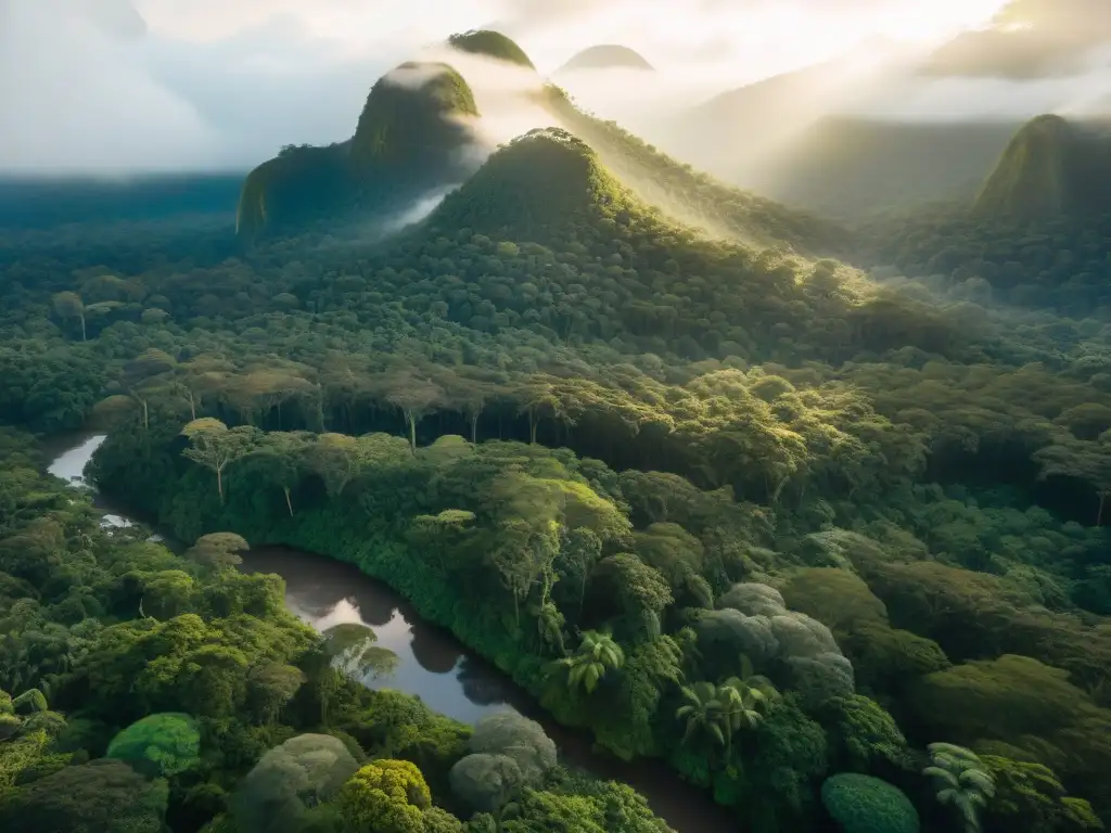 Un bosque tropical exuberante y vibrante, bañado por la luz del sol, mostrando la interconexión de la naturaleza