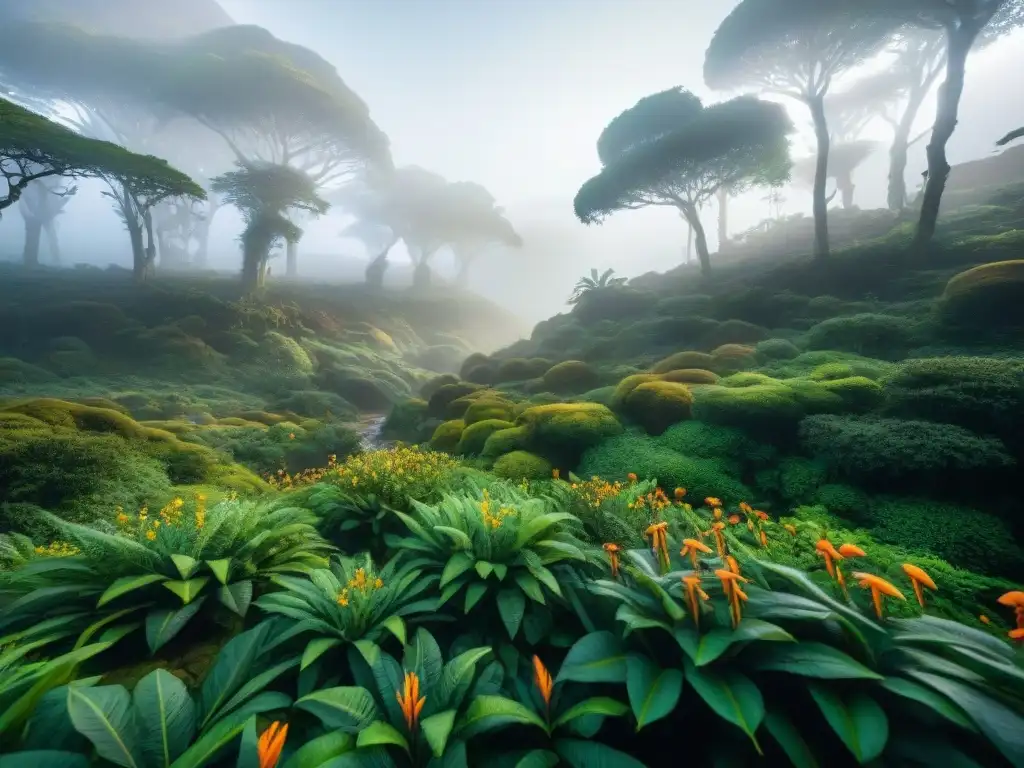 Fotografiando la biodiversidad de Uruguay: Un bosque vibrante con flora y fauna nativa en detalle 8k