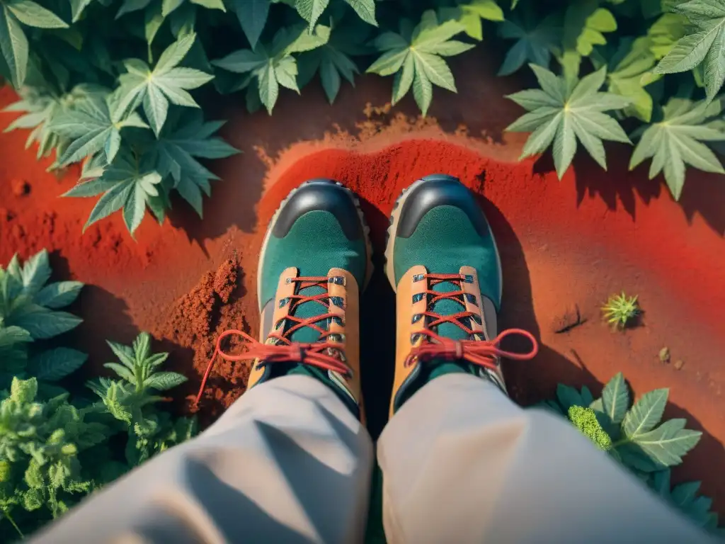 Botas de senderismo cubiertas de polvo rojo junto a un mapa detallado de Uruguay con senderos resaltados, listas para explorar