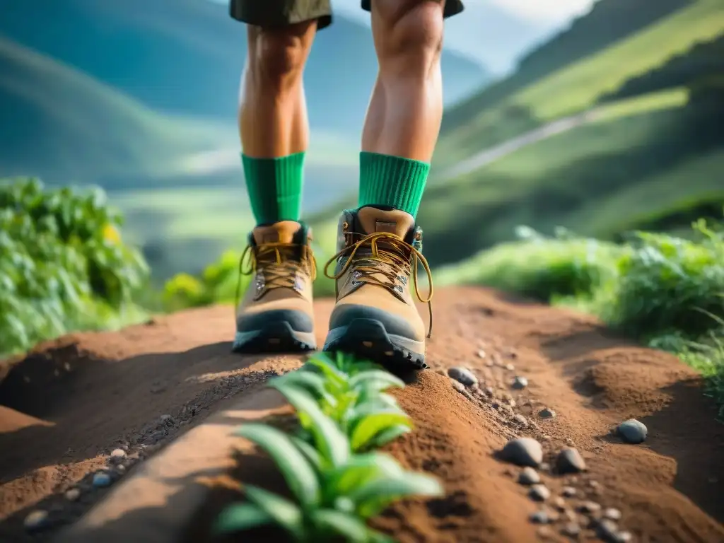 Botas de trekking polvorientas en sendero de montañas verdes en Uruguay, resaltando la importancia de consejos trekking principiantes Uruguay