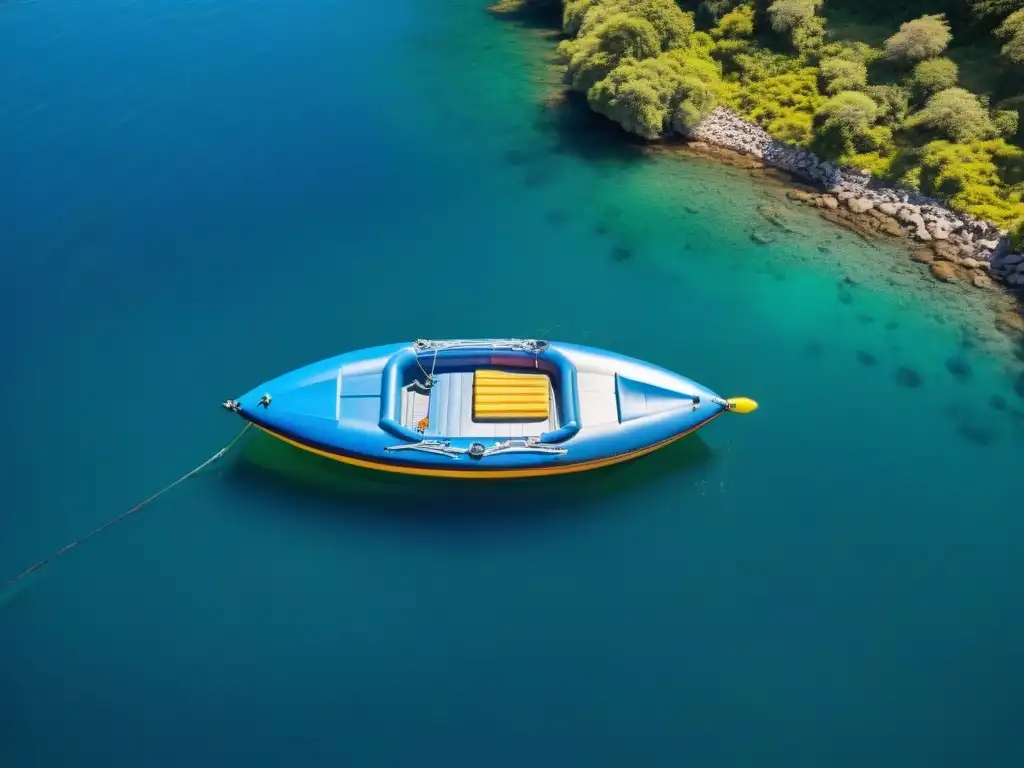 Un bote inflable azul surcando sereno un río en Uruguay, rodeado de naturaleza