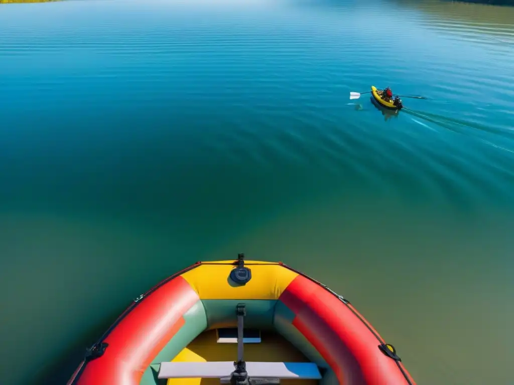 Un bote inflable rojo surca el río Santa Lucía en Uruguay con un grupo de aventureros disfrutando de la naturaleza