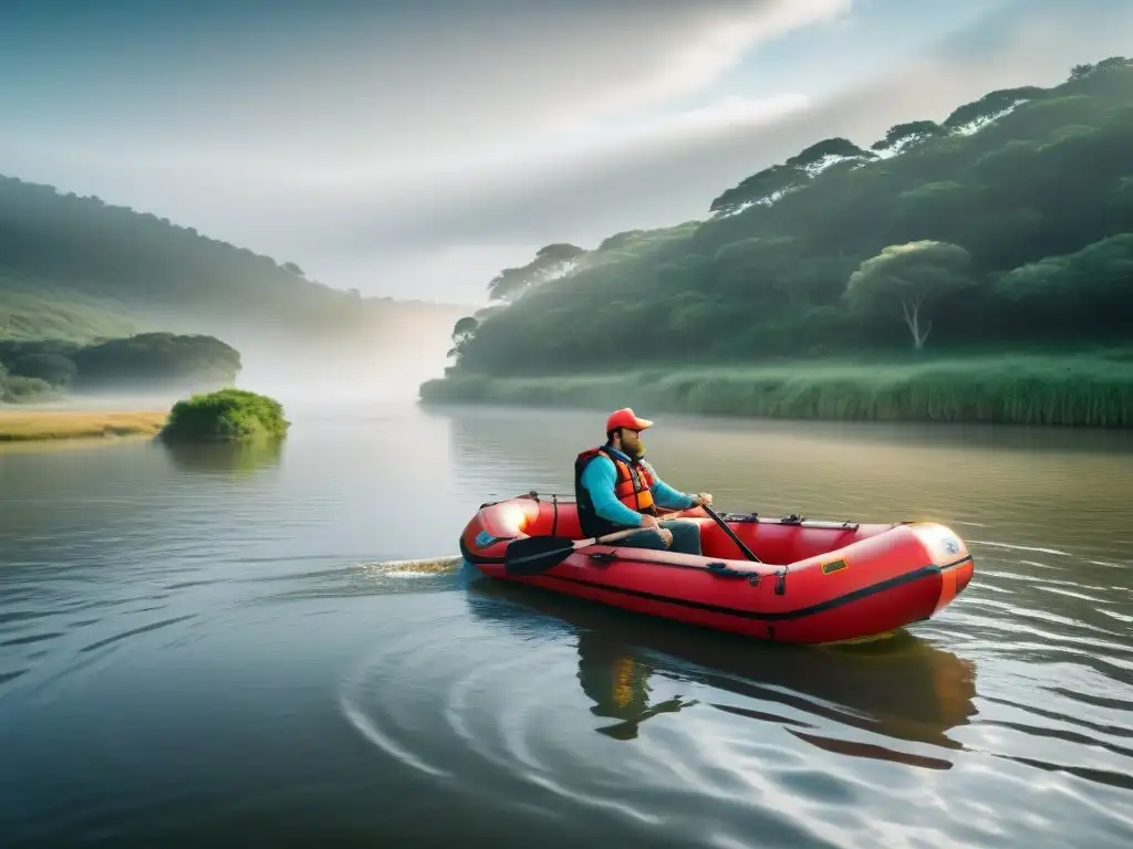 Bote inflable rojo navegando en ríos de Uruguay, rodeado de naturaleza exuberante y seguridad a bordo