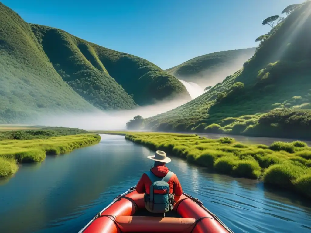 Un bote inflable rojo surca los ríos de Uruguay entre un paisaje exuberante y aventureros admirando la naturaleza