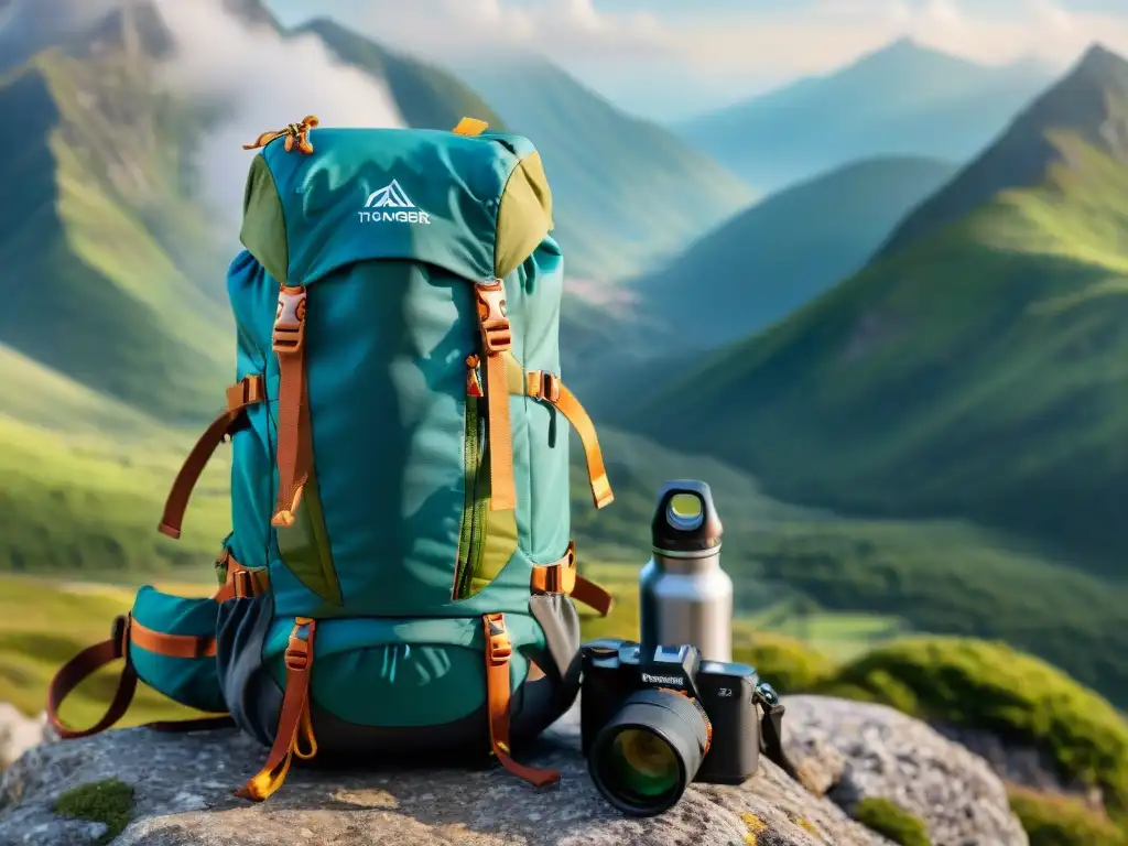 Botella de agua duradera en mochila de viajero, con vista panorámica en montaña