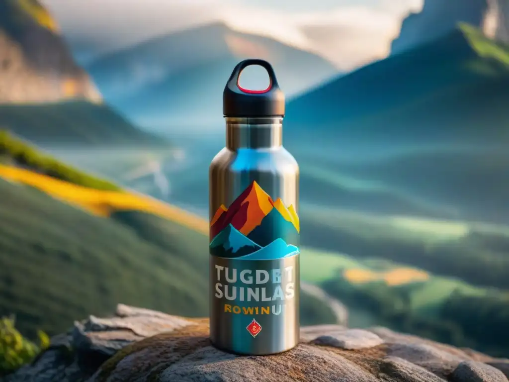 Una botella de agua duradera para viajes, decorada con pegatinas de destinos del mundo y marcas de aventuras