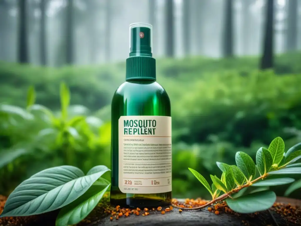 Repelente de mosquitos en la naturaleza de Uruguay Botella de repelente de mosquitos en un bosque de Uruguay