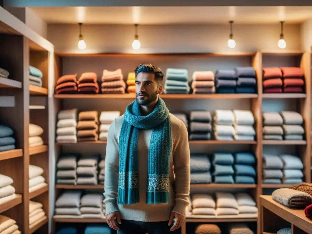 Una boutique acogedora en Uruguay con bufandas y guantes de invierno coloridos en estantes, iluminados suavemente