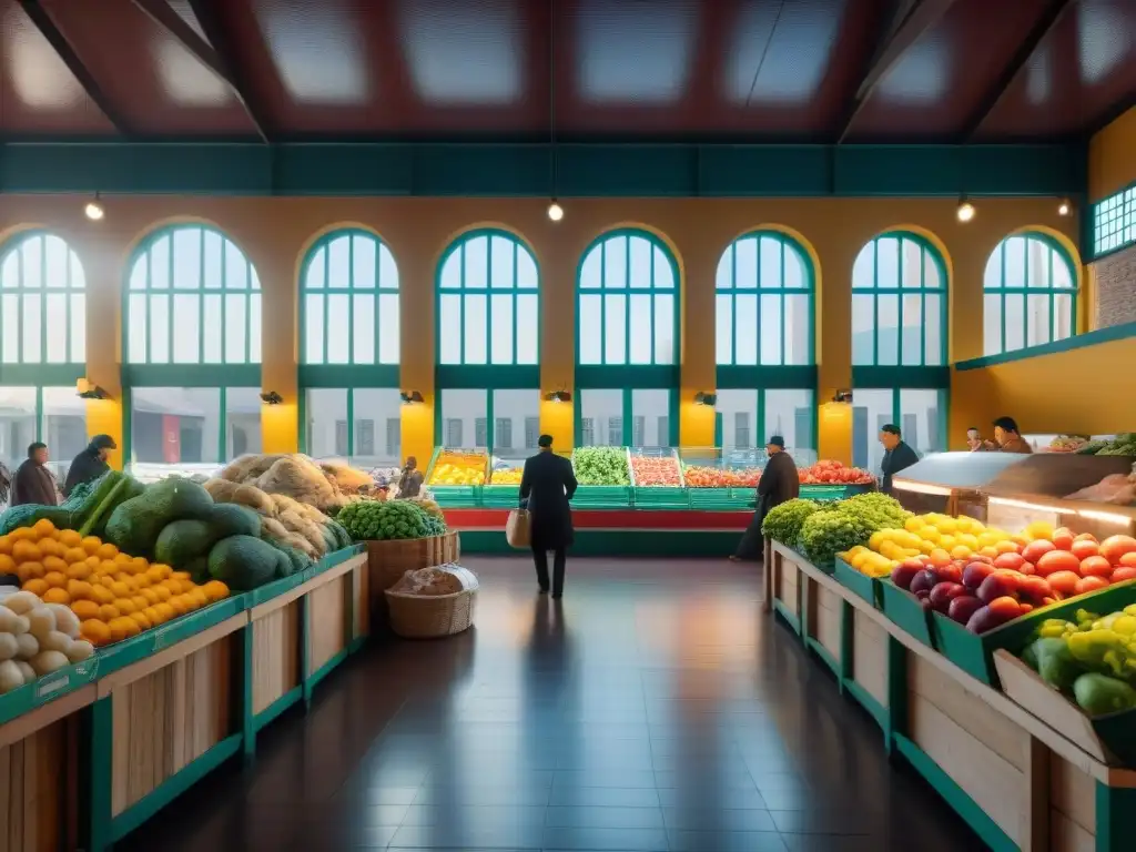 Brillante escena en el Mercado Agrícola de Montevideo: colorida gastronomía y arquitectura única, vendedores locales, comunidad vibrante