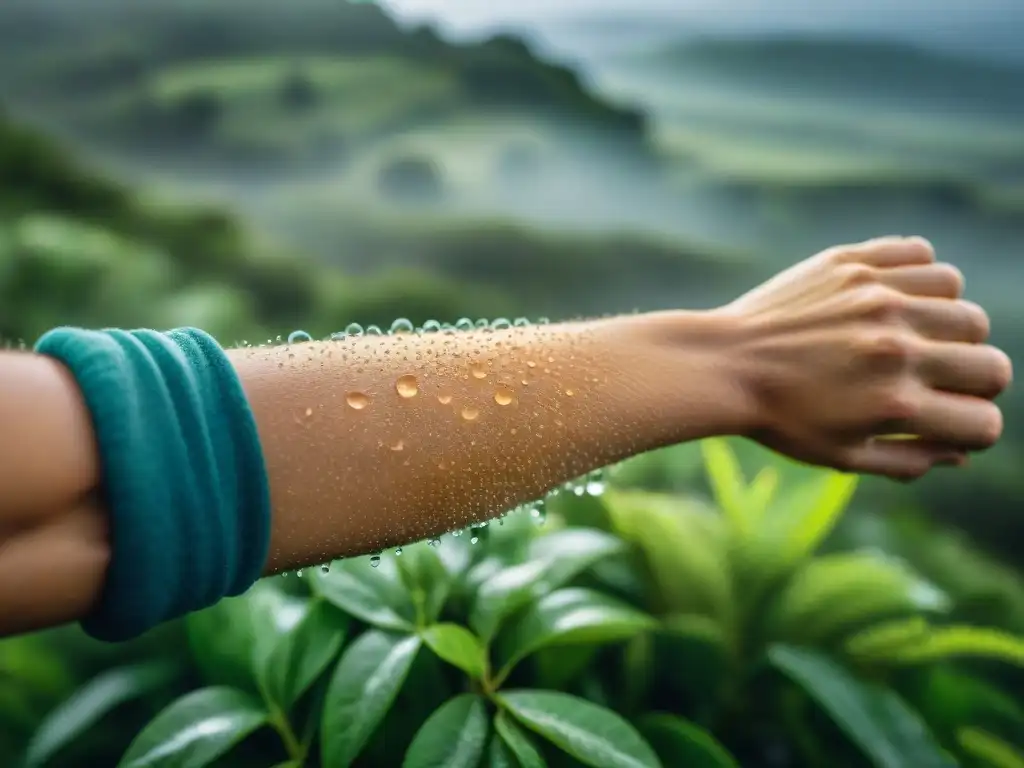 Brillantes gotas de agua en brazo de viajero tras aplicar mejor repelente insectos aventuras Uruguay