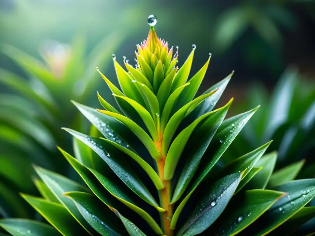 Bromelia verde brillante con gotas de agua, resaltando sus adaptaciones en las sierras uruguayas