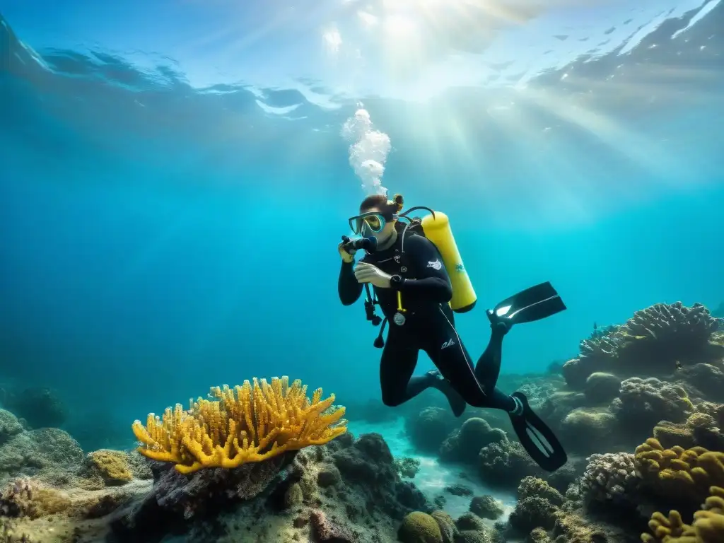 Un buceador cuidadosamente revisando y manteniendo su equipo de buceo en aguas cristalinas de Uruguay, inspirando a explorar el agua