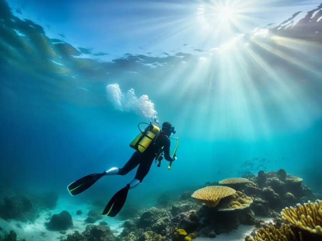 Un buceador experto en pesca submarina en aguas uruguayas, nadando entre arrecifes de coral vibrantes y coloridos peces tropicales