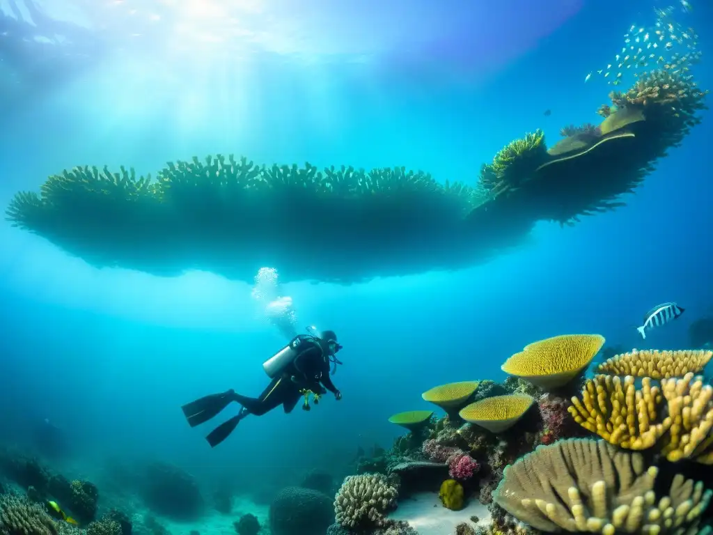 Un buceador explorando un vibrante arrecife de coral en Uruguay, rodeado de peces coloridos y equipo de buceo