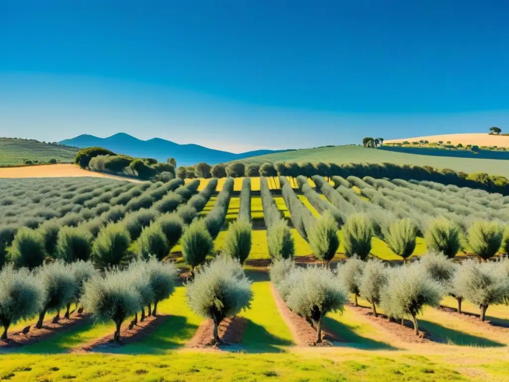 Un bucólico paisaje de un olivar en Uruguay, lleno de árboles frondosos cargados de aceitunas maduras