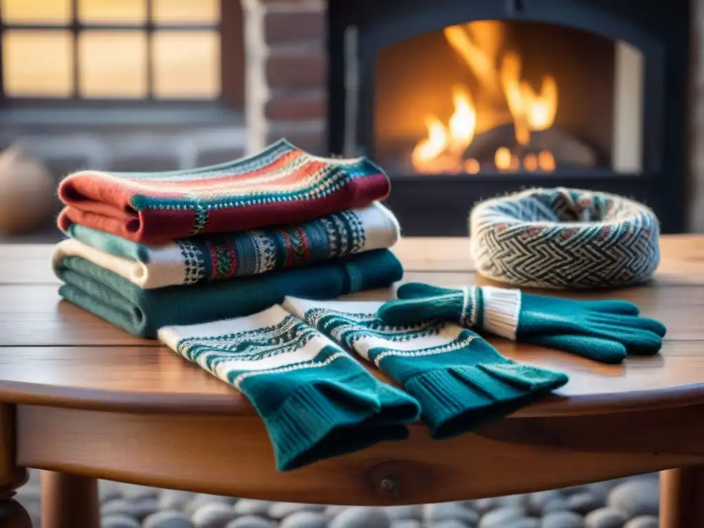 Bufandas y guantes de invierno Uruguay en mesa de madera rústica, con diseños tradicionales y ambiente acogedor