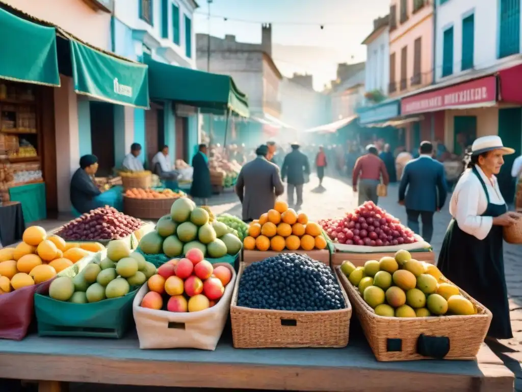 Una bulliciosa feria callejera en Uruguay con vendedores, frutas coloridas y artesanías