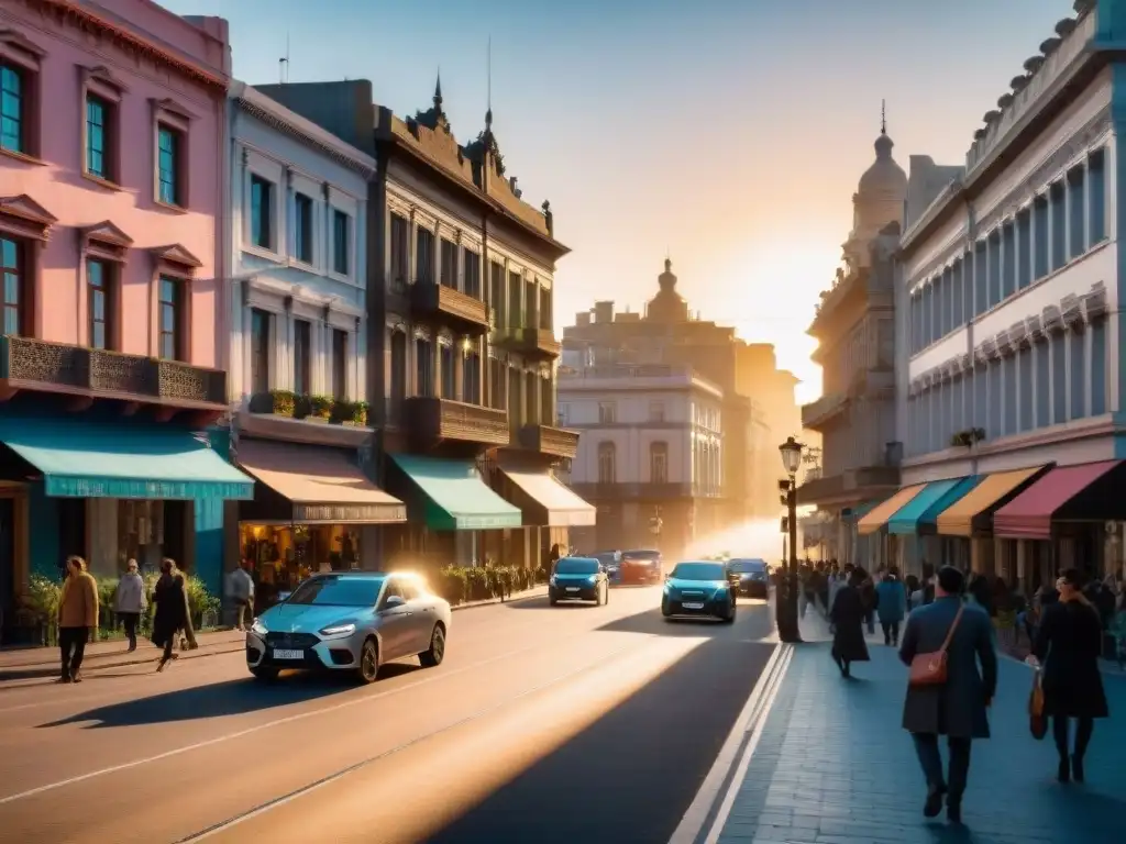 El bullicioso atardecer en Montevideo, Uruguay captura la vida urbana con gente caminando por las aceras y coloridos edificios