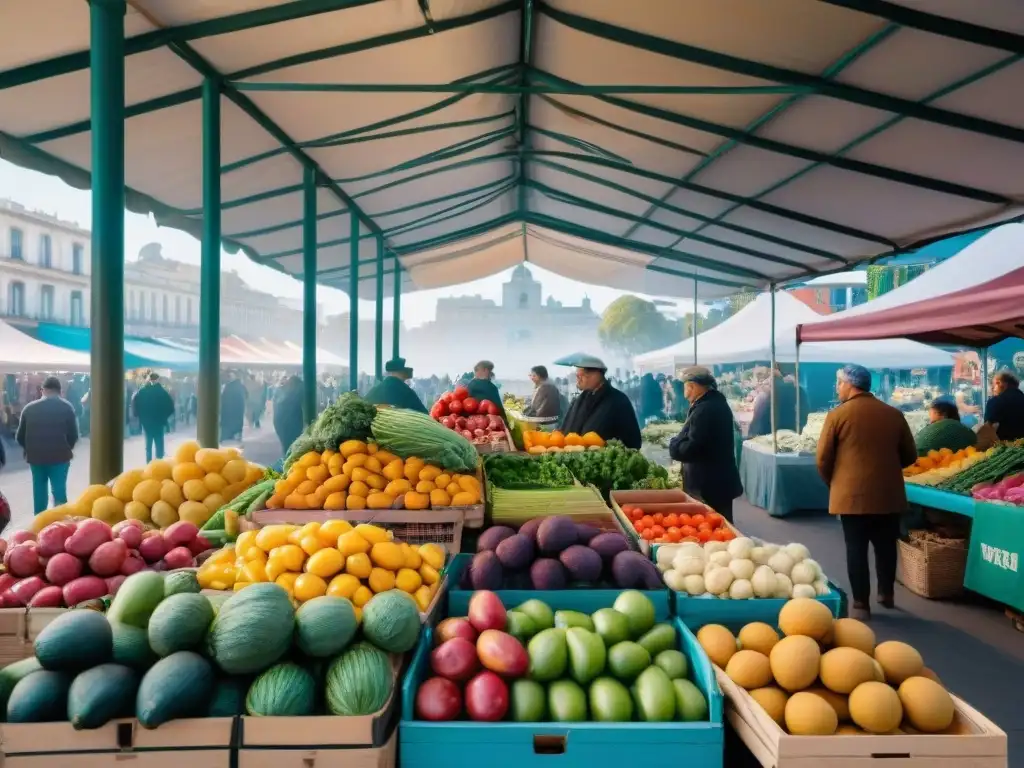 Un bullicioso mercado de agricultores en Montevideo con puestos coloridos rebosantes de frutas y verduras frescas