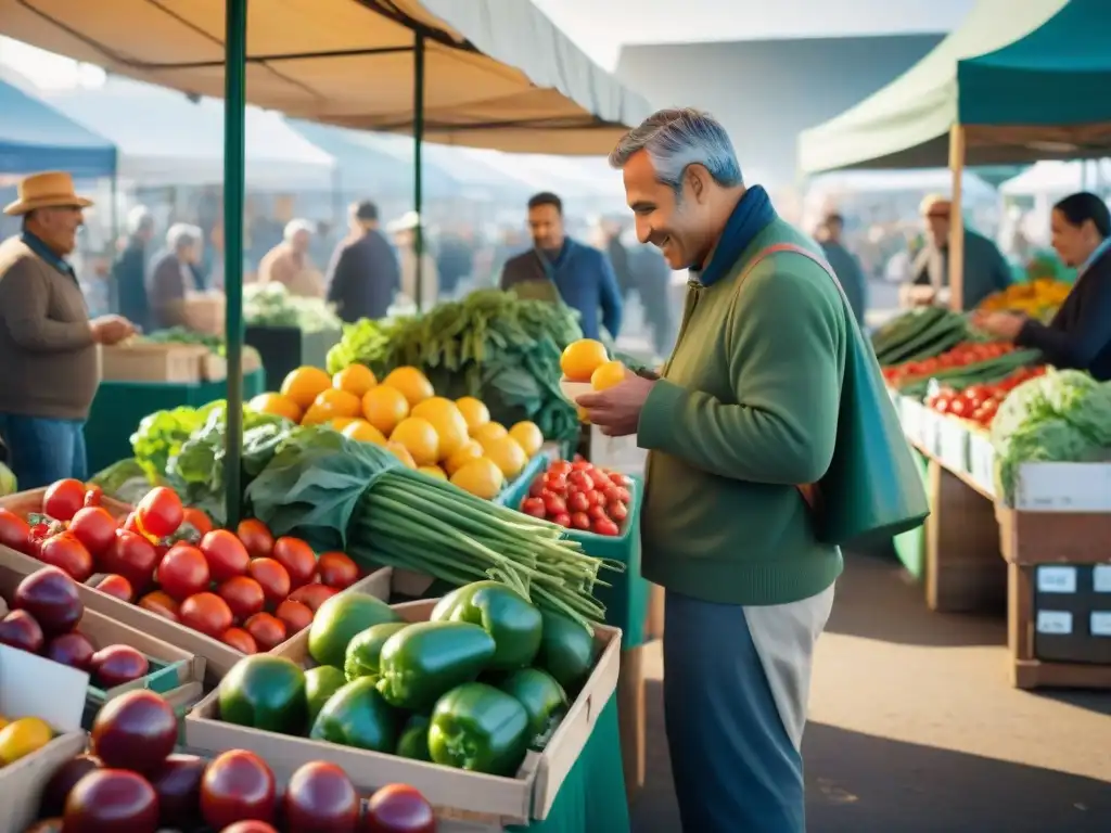 Un bullicioso mercado de agricultores rebosante de colores, donde se muestra una variedad de frutas y verduras locales frescas