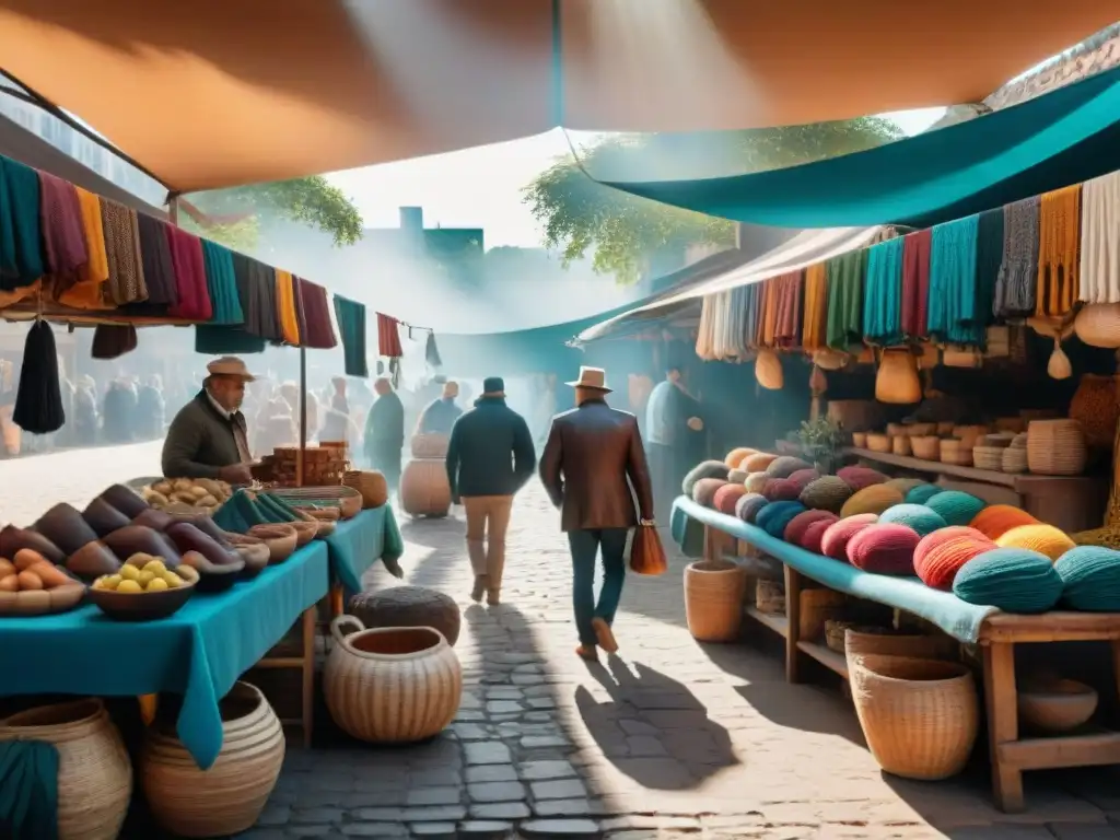 Un bullicioso mercado artesanal en Uruguay, lleno de coloridas artesanías uruguayas hechas a mano, creando una escena visualmente cautivadora