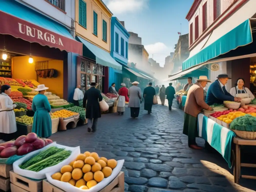 Un bullicioso mercado callejero en Montevideo, Uruguay, captura la esencia de la cultura uruguaya con su vitalidad y colorido