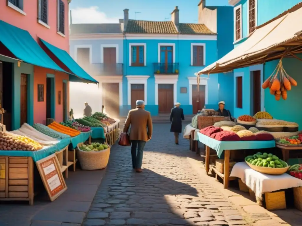 Un bullicioso mercado callejero en Uruguay durante la pandemia, con artesanías locales y arquitectura colonial